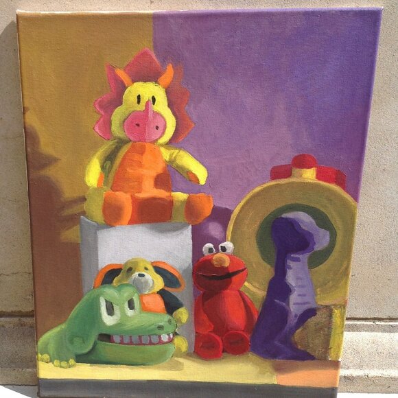 Unframed Original Art on Canvas "Favorite Plush Character Corner" 16" x 20" - Picture 1 of 12